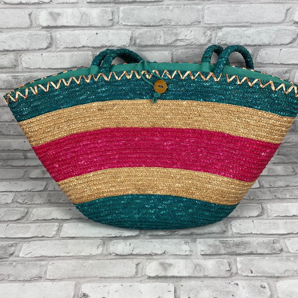 XL Beach Bag Woven Green Pink Hobo Hippie Boho
